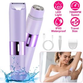 2 In 1 Bikini Trimmer For Women Dual Head Cordless Body Shaver IPX5 Waterproof Rechargeable Pubic Hair Razor Wet And Dry Use For Bikini Underarm (Color: Purple)