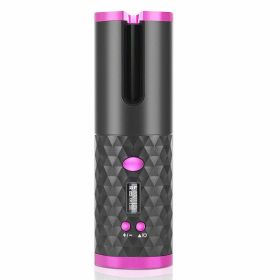 Hair Curler LCD Cordless Auto Rotating Waver Curling Iron Ceramic Wireless USA (Color: Black & Pink)