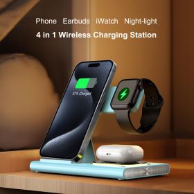 Wireless Charger Station, 4 In 1 Foldable 15W Fast Charging Wireless Charging Station With Night Light For IPods IWatch (Color: Blue)